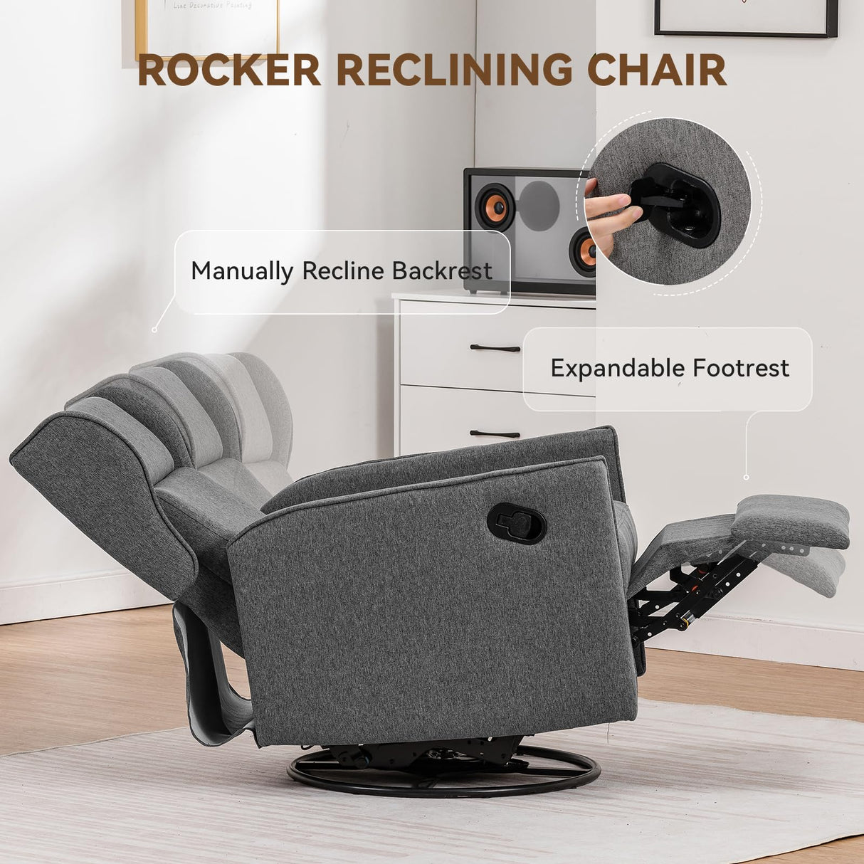 COMHOMA Rocking Recliner Chair,Swivel Glider Reclining Single Sofa Manual Rocker Recliners,Nursery Rocking Chairs with Upholstered Seating for Living Room Office(Grey) COMHOMA