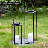 ALL FORTUNE Large Solar Outdoor Lanterns, 25" 16" Tall Farmhouse Black Metal Waterproof Decorative Lanterns with Solar Candles for Front Porch, Patio, Christmas, Fall Decor- Set of 2 ALL FORTUNE