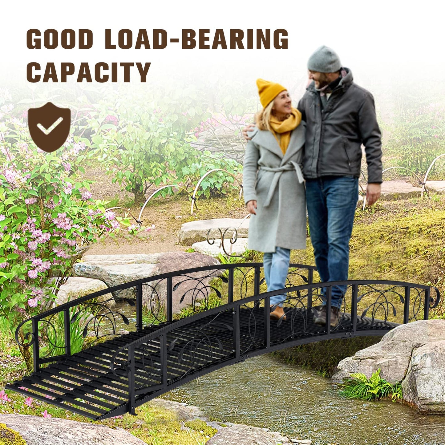 Kinsunny 8 Ft Metal Garden Bridge with 2 Safety Patterned Siderails Outdoor Decorative Iron Garden Arch Footbridge for Pond, Creek, Stream - WoodArtSupply