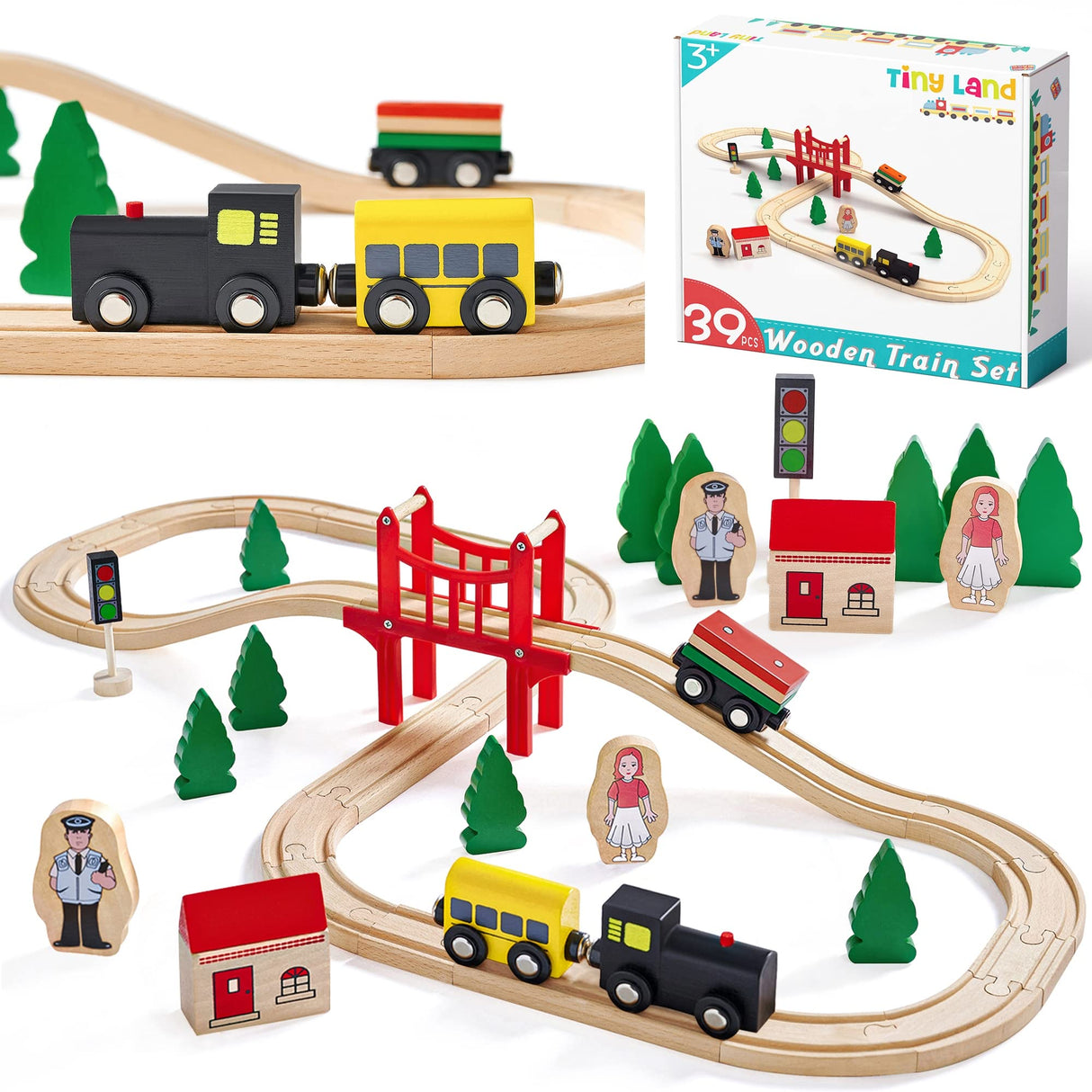 Tiny Land Wooden Train Set for Toddler - 39 Pcs- with Wooden Tracks fits Thomas, fits Brio, fits Chuggington, fits Melissa and Doug - Expandable, Tiny Land