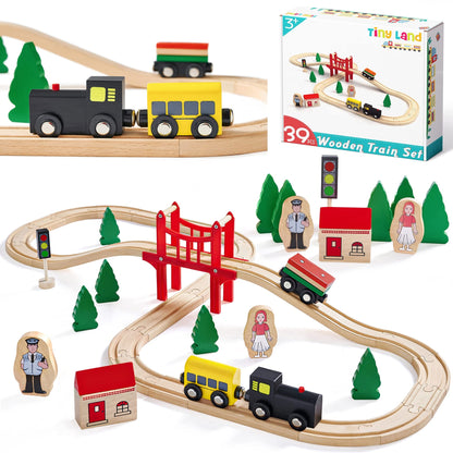 Tiny Land Wooden Train Set for Toddler - 39 Pcs- with Wooden Tracks fits Thomas, fits Brio, fits Chuggington, fits Melissa and Doug - Expandable,