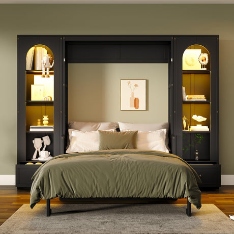 LUMISOL Queen Size Murphy Bed, Murphy Bed Cabinet with Storage Shelves, Cabinets, Drawers and LED Lights, Folding Wall Bed Frame for Guestroom, Apartment, Small Space, Black LUMISOL