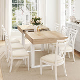 Zevemomo 63"-78.7" Expandable Dining Table, 6-10 Farmhouse Kitchen Table, Extendable Dining Table, Rectangular Kitchen Table with Metal Track, Tapered U-Shaped Legs for Dining Room, Office-Oak Zevemomo