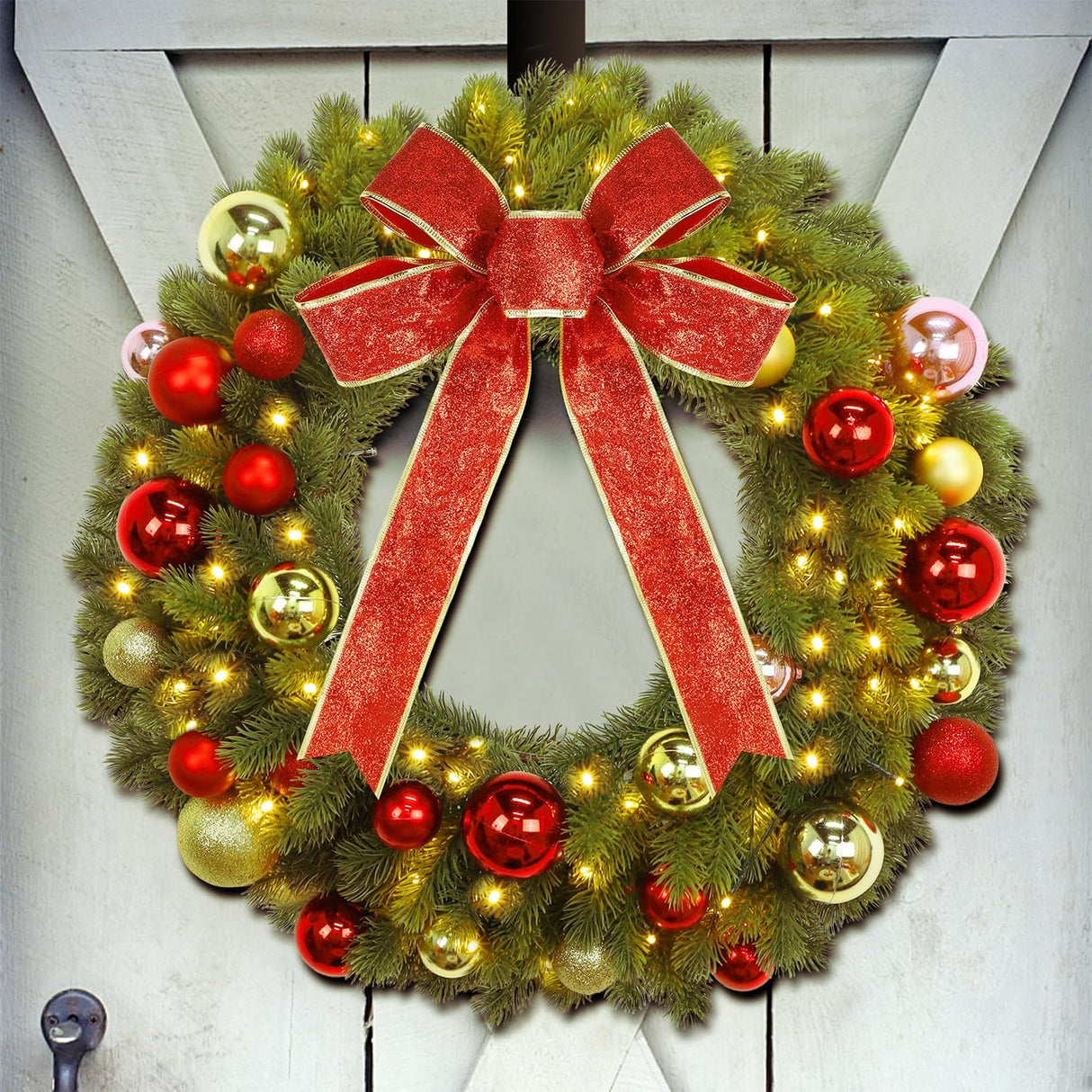 Juegoal 21 Inch Pre-Lit Christmas Wreath with Metal Hanger, Lighted Xmas Folded Wreath with 60 LED Lights, Red Bow and Colorful Balls, Battery Operated & Timer for Outdoor Home Window Wall Front Door Juegoal