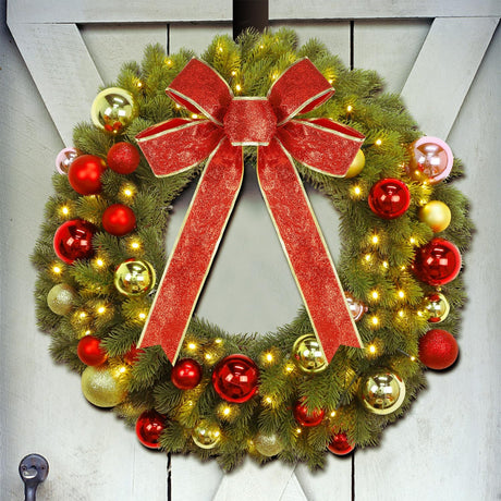 Juegoal 21 Inch Pre-Lit Christmas Wreath with Metal Hanger, Lighted Xmas Folded Wreath with 60 LED Lights, Red Bow and Colorful Balls, Battery Operated & Timer for Outdoor Home Window Wall Front Door Juegoal
