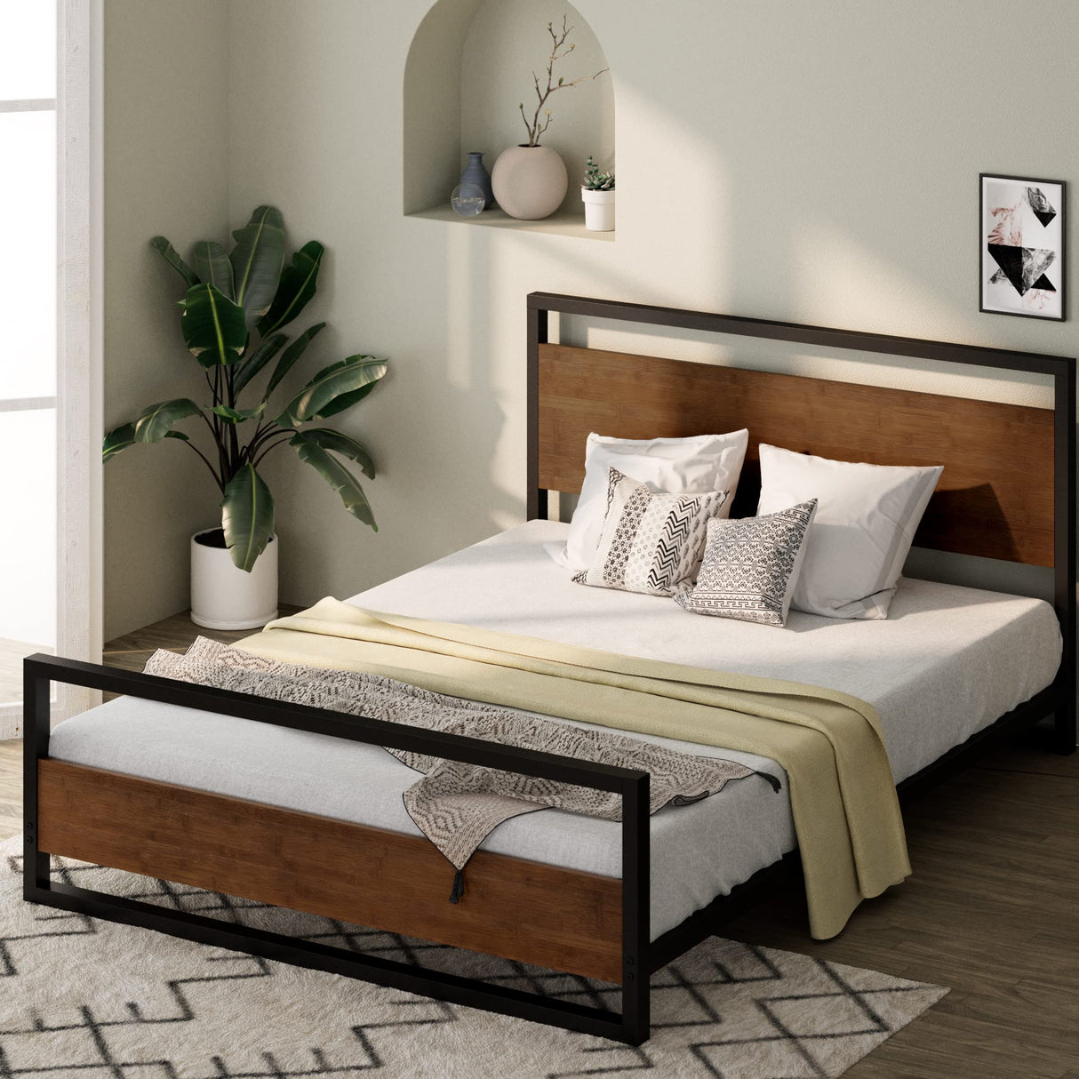 Zinus Suzanne Kingsize Bamboo & Metal Platform Bed Frame with Footboard - No Box Spring Needed, Easy Assembly Zinus