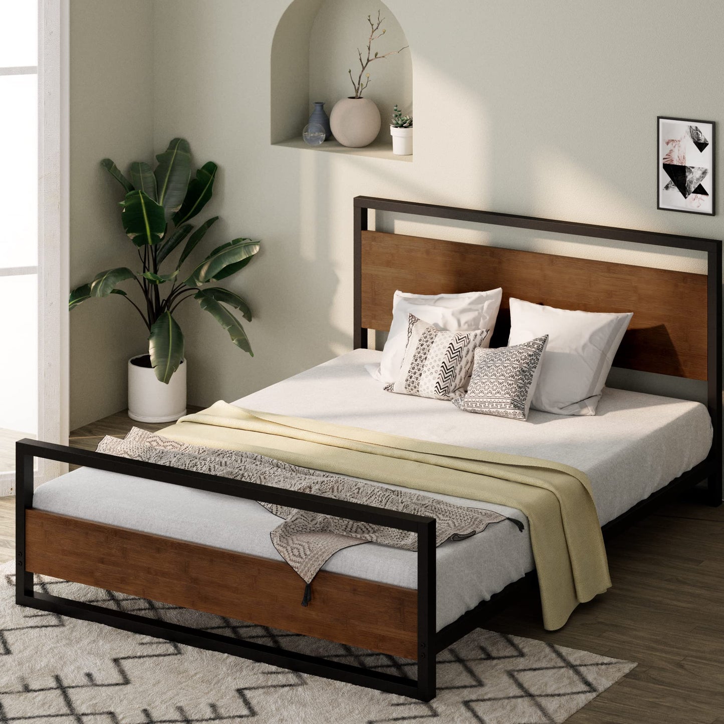 Zinus Suzanne Kingsize Bamboo & Metal Platform Bed Frame with Footboard - No Box Spring Needed, Easy Assembly - WoodArtSupply