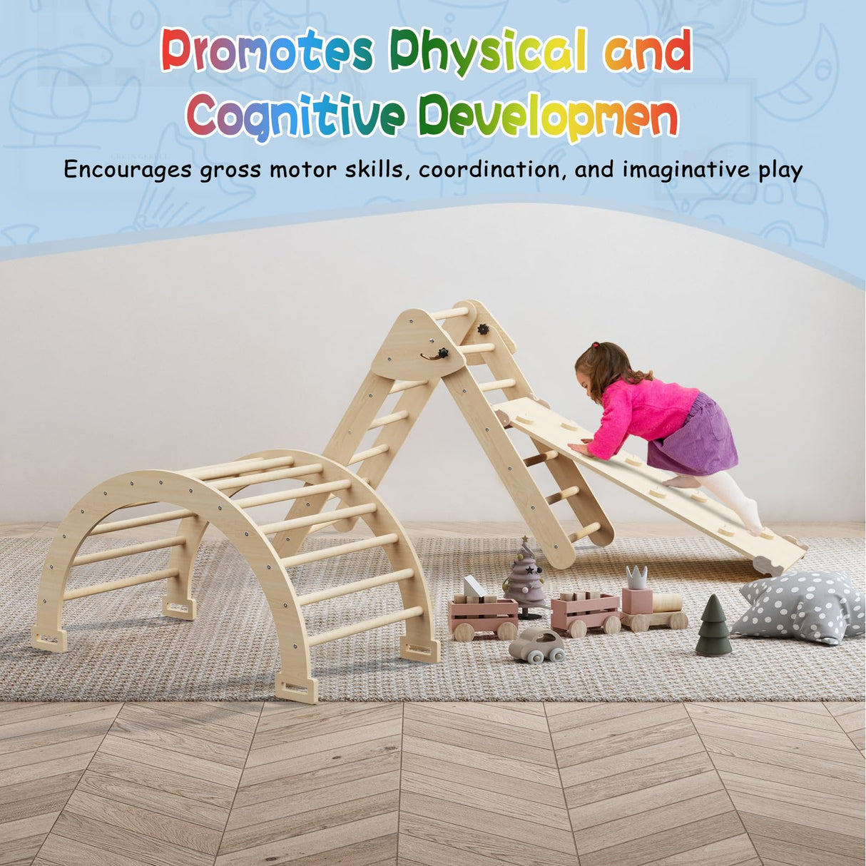 CMFYDAILY Large Pikler Triangle Set, 5 in 1 Foldable Baby Climbing Gym Indoor Montessori Climbing Set Wooden Toddler Climbing Toys with Arch, Ramp, Ladder CMFYDAILY