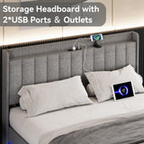 GarveeHome Queen Floating Upholstered Bed Frame with Charging Station, LED Lights & Storage Headboard in Grey GarveeHome
