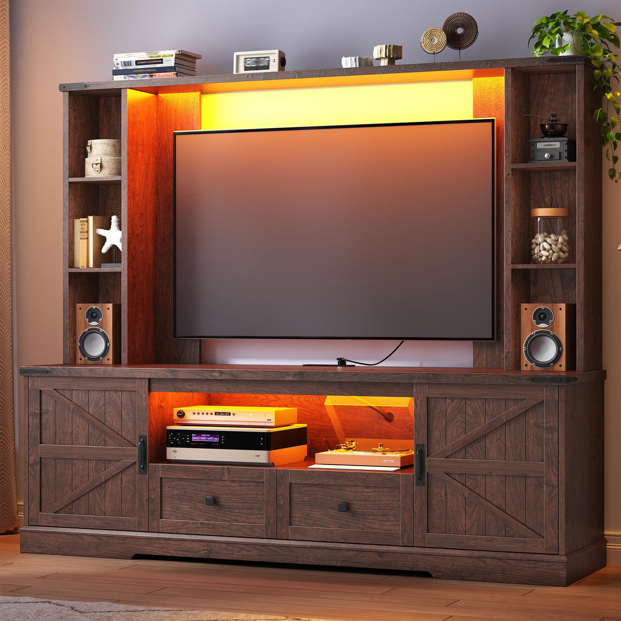Entertainment Center with 2 LED Lights & Power Outlets, Large Farmhouse Wall Unit Entertainment Center for 60 Inch Television Stand, TV Stands for Living Room with Storage Shelf, Brown EnHomee