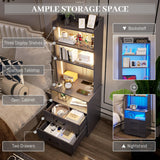 Vlsrka Smart Tall Nightstand with LED Lights and Charging Station - Modern Grey Bedside Table with Bookshelf and Storage Cabinet Vlsrka