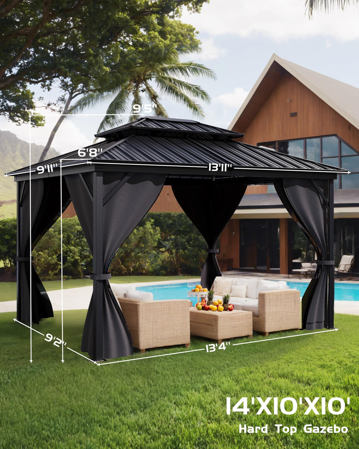 GarveeLife Hardtop Gazebo 10'x14' for All Weather, with Double Metal Roof, Aluminum Alloy Frame, Net, and Curtain, Permanent Building for Patio, Deck, Backyard, Lawn, and Garden, Gray GarveeLife