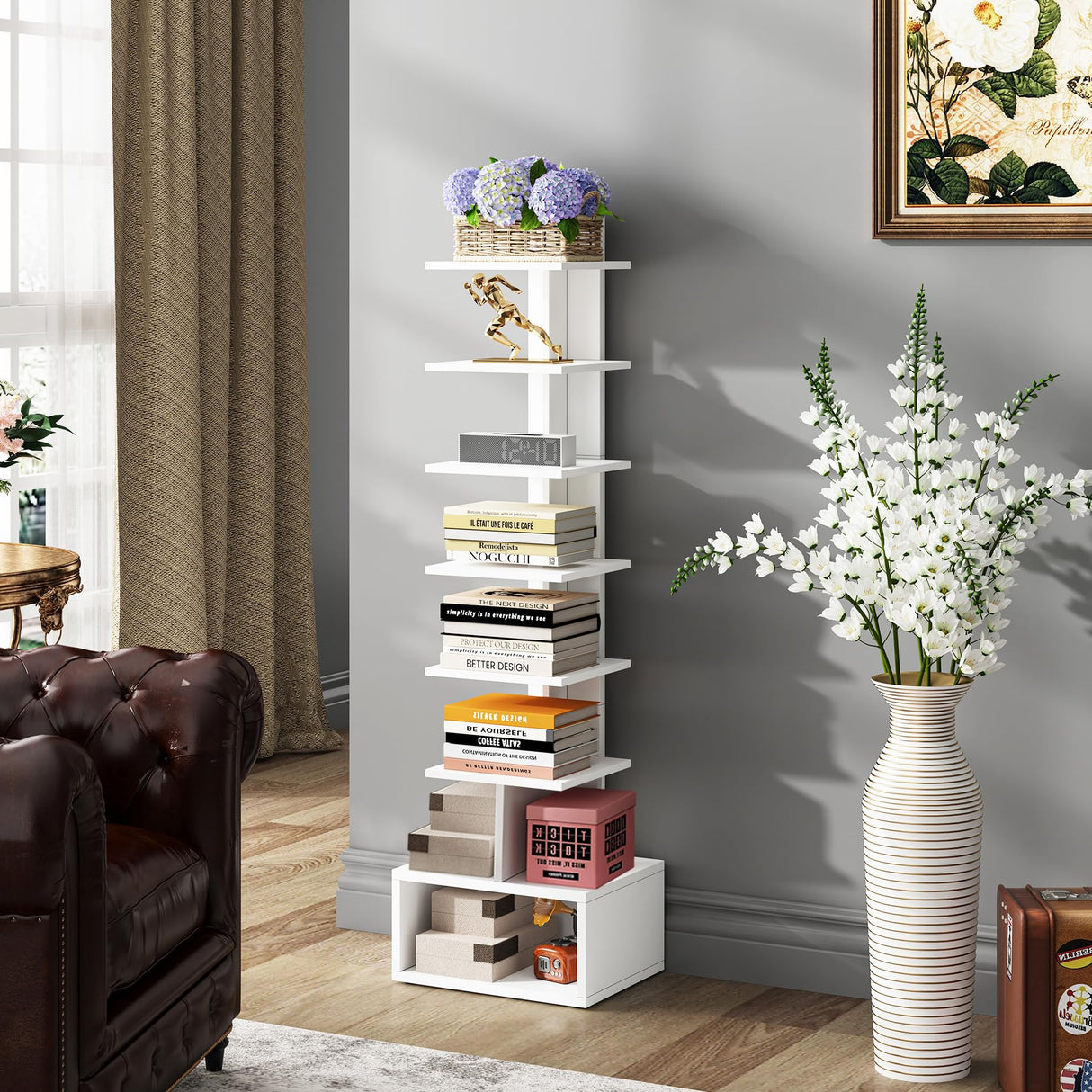 TUTOTAK Narrow Bookshelf, Vertical 8-Tier Bookcase, Spine Book Shelf for Small Space, Small Standing Shelf for Living Room, Office, Study, Entryway, White BS07BW008 TUTOTAK