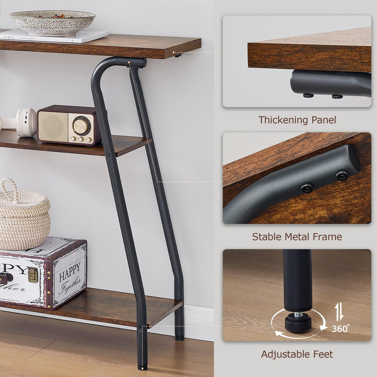 FAVOOSTY Narrow Console Table, 3 Tier Entryway Table with Storage Shelves, Industrial Farmhouse Sofa Table with Curved Frame for Living Room, Entry Way, Hallway, Foyer, Front Door, Couch, Office FAVOOSTY