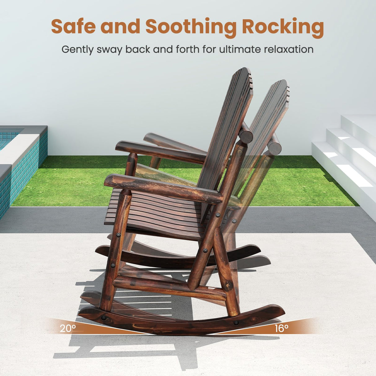 Giantex Outdoor Wooden Rocking Bench, 2-Person Adirondack Porch Rocker Chair with High Back and Slatted Seat, Rustic Log Loveseat for Front Porch Patio, Backyard, Garden, Brown, 51”x38”x46” Giantex