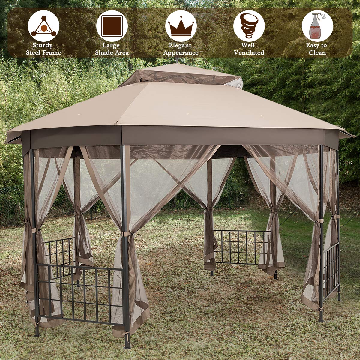 Tangkula 10 x 12 Ft Patio Gazebo, Heavy Duty Octagonal Gazebo Canopy w/Netting Sidewalls & Sturdy Steel Frame, Double Roof Vented Gazebo Canopy Tangkula