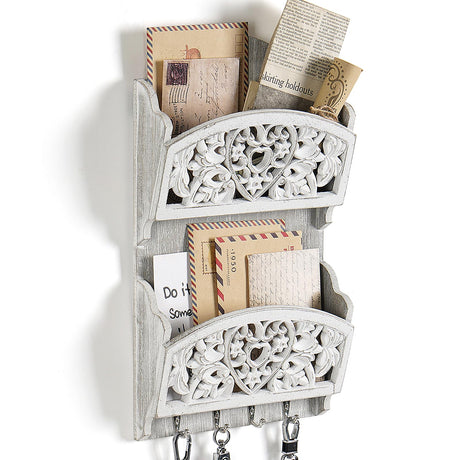 JAZUIHA Mail Organizer with Key Holder,2-Slot Mail Holder with 4 Key Hooks for Wall Decorative, Wooden Hanging Organizer for File Letter in Shelf Home Farmhouse Decor for Entryway Office … JAZUIHA