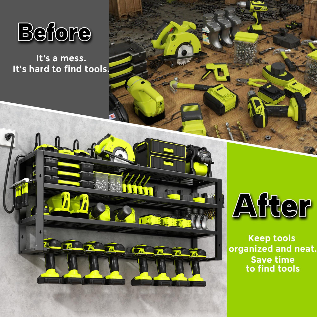 Large Power Tool Organizer Wall Mount with Charging Station, 8 Outlet Power Strip, 4 Layers 8 Drill Holder Heavy Duty Metal Tool Storage Loads 420lbs with Screwdriver Holder, Utility Racks for Garage CFMASTER