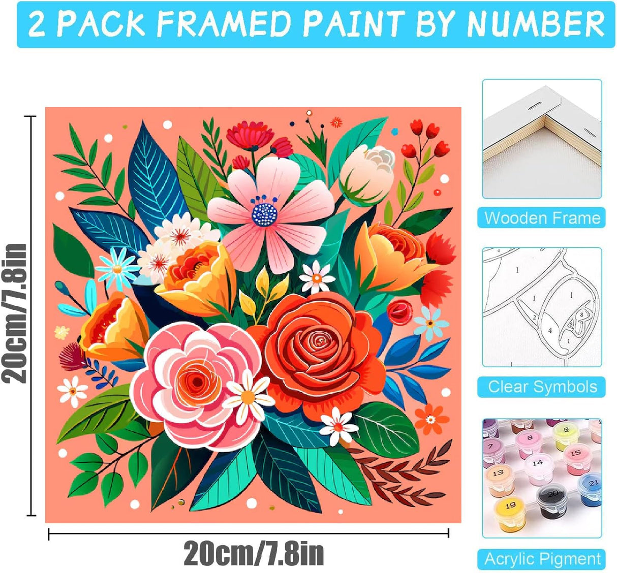 4 Pack Flowers Paint by Numbers Kit for Adults Beginners Framed - DIY Flowers Adults Paint by Numbers Kits on Canvas with Frame, Small Easy Acrylic Oil Painting Perfect for Home Decor 8 X 8 Inch Amzdiyfun