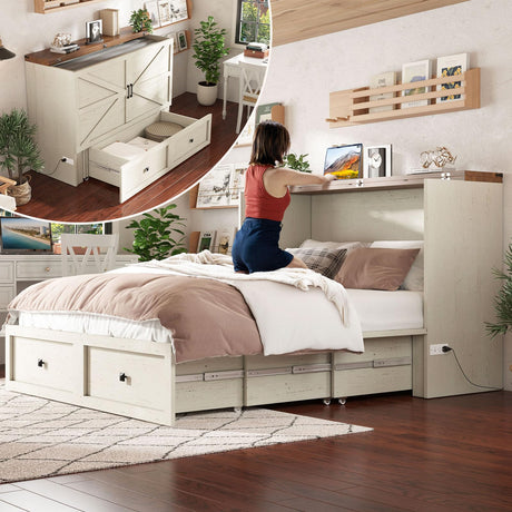 AMERLIFE Queen Murphy Bed with Storage & Charging Station, Farmhouse Murphy Cabinet with Foldable Panel, Noisy Free, for Guest Bedroom, Living Room, Office, Distressed White & Barnwood AMERLIFE