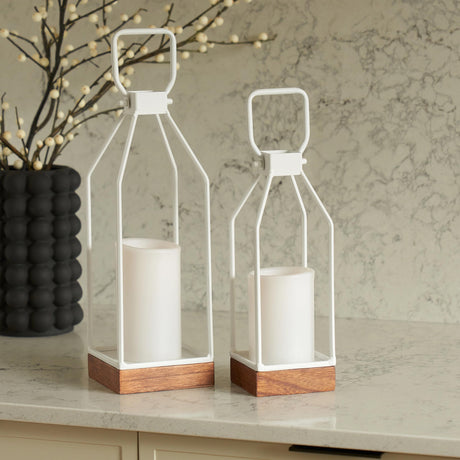 Decorative Lantern Set of 2 for Indoor & Outdoor - Stylish Black Modern Farmhouse Lanterns for Real Candles - Perfect Christmas Centerpiece Decor for Any Porch/Door, Fireplace Mantle or Coffee Table KIBAGA