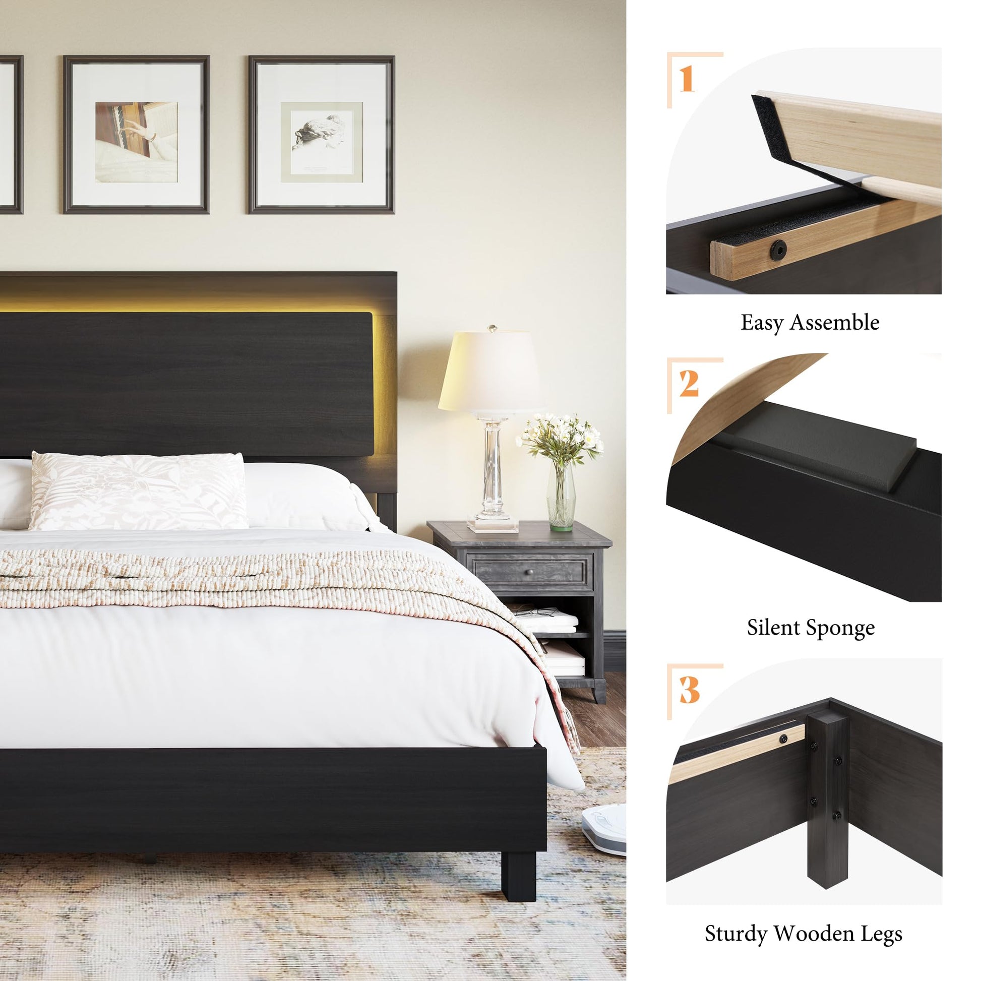 AMERLIFE Rustic Black Full Bed Frame with LED Headboard – Stylish Platform Design, Mattress Foundation with Wooden Slats - WoodArtSupply