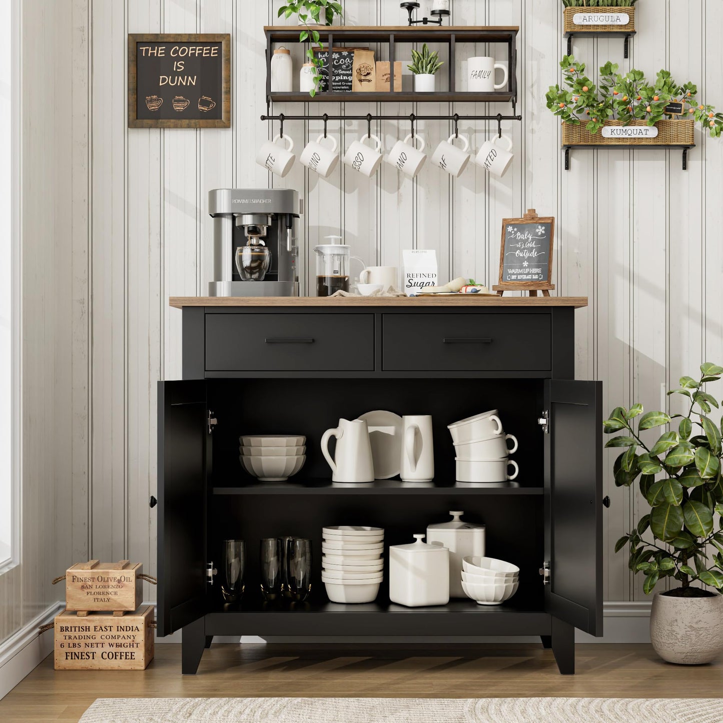 HORSTORS Kitchen Storage Cabinet, Modern Farmhouse Buffet Cabinet with Storage, Coffee Bar with 2 Drawers and 2 Doors, Floor Sideboard Buffet for Living Room, Dining Room, Bathroom, Black/Rus - WoodArtSupply