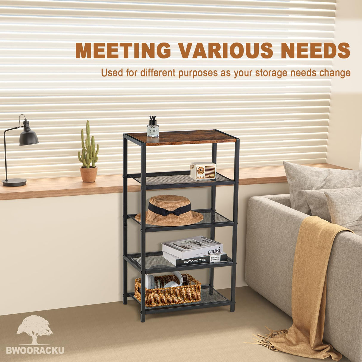 BWOORACKU Shoe Rack, 5-Tier Narrow Shoe Shelf with Dense Metal Mesh, Durable Industrial Freestanding Shoe Rack for Front Door Entrance, Hallway, Entryway, Living Room (29.92" H Rustic) BWOORACKU