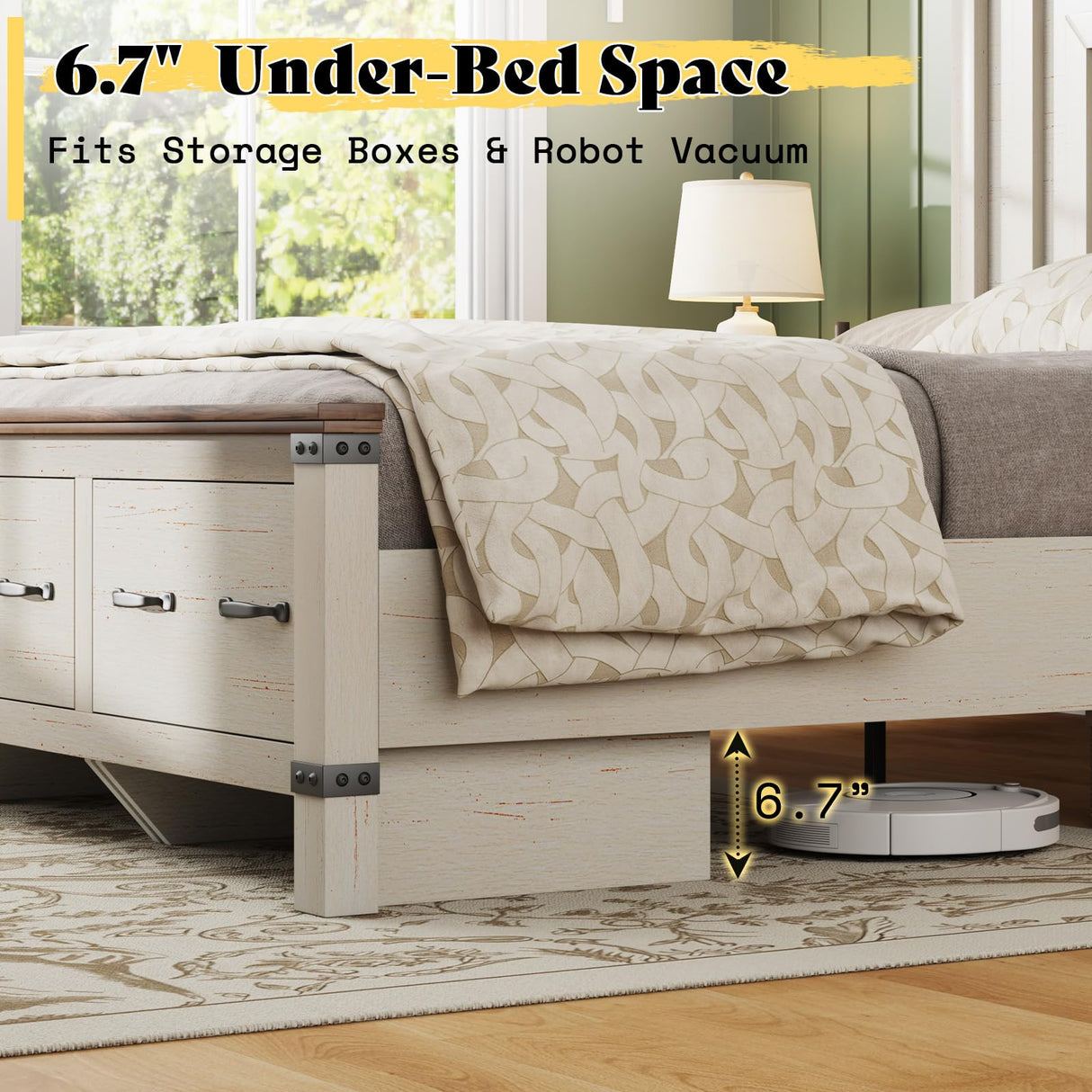 AMERLIFE Farmhouse King Size Bed Frame with 54" Tall Geometric Headboard & Footboard, Rustic Wood Platform Bed Frame/w 3 Large Storage Drawers, Wood Slats Support, No Box Spring Needed, Rustic White AMERLIFE