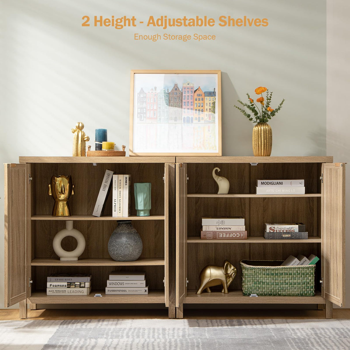 SICOTAS Credenza Sideboard Buffet Cabinet - Boho Rattan Kitchen Storage Cabinet with 4 Rattan Decorated Doors - Accent Liquor Cabinet Buffet Console Table for Dining Room Hallway - 2 Pieces(Light Oak) SICOTAS