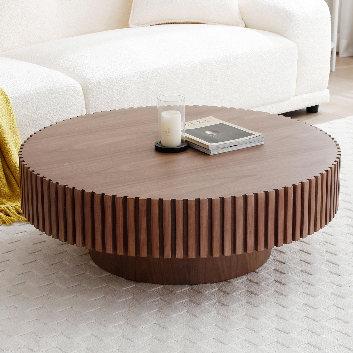 JURMALYN Walnut Round Coffee Table for Living Room Contemporary Circle Wood Coffee Table with Pedestal, Easy Assembly ø31.49'', JURMALYN
