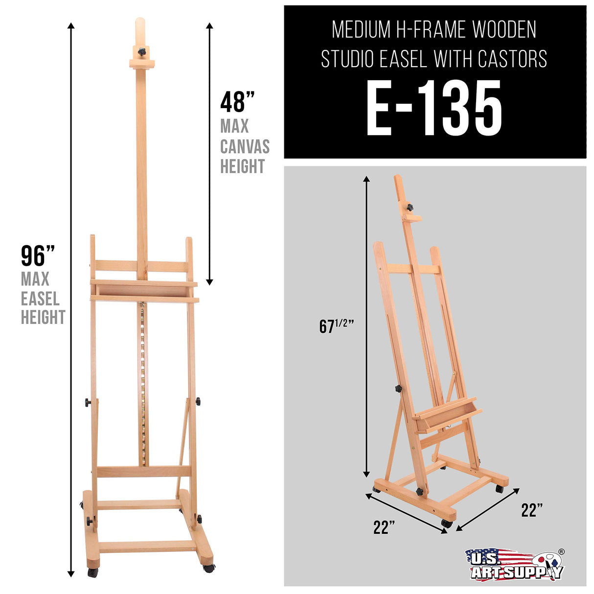 U.S. Art Supply Medium Wooden H-Frame Studio Easel with Artist Storage Tray and Wheels - Mast Adjustable to 96" High, Holds Canvas to 48" - Sturdy Beechwood Holder Floor Stand - Display Paintings U.S. Art Supply