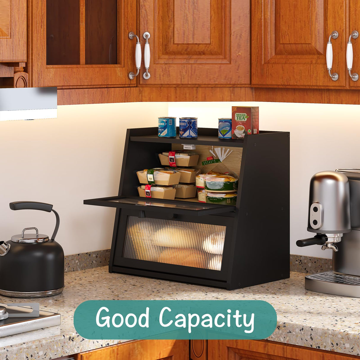 viewcare Black Bread Box, Double Layer Large Bread Box for Kitchen Counter, Bamboo Bread Storage Container with Wavy Acrylic Transparent Door viewcare