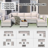 7-Piece Outdoor Sectional Patio Furniture Set, All-Weather Wicker Rattan Sofa w/Thick Washable Cushions & Tempered Glass Table, Perfect for Garden, Poolside, Backyard (7, Graywhite&Offwhite) YLGJ&TIDY