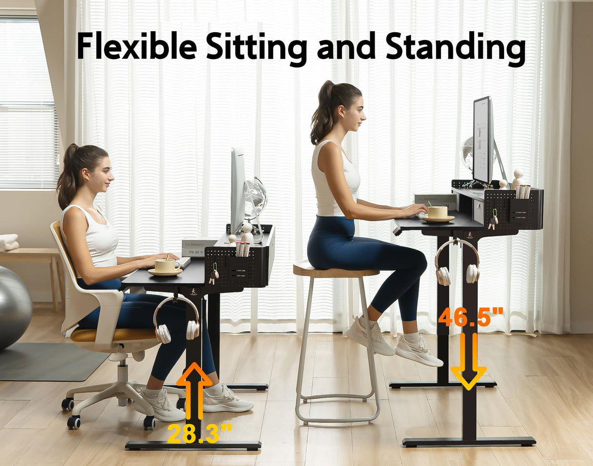 WALKINGDESK 55x24 Inches Electric Standing Desk with 2 Drawers, Height Adjustable Stand up Desk for Home Office, Ergonomic Sit to Stand Desk with Storage Shelf, DIY Board, Hooks, Black WALKINGDESK