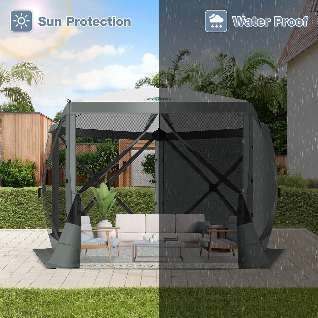 COBIZI Pop Up Gazebo Screen Tent Screen House for Camping, 10x10 Screen Room with Mosquito Netting, Hub Tent Instant Screened Canopy with Carrying Bag and Ground Stakes, Gray COBIZI