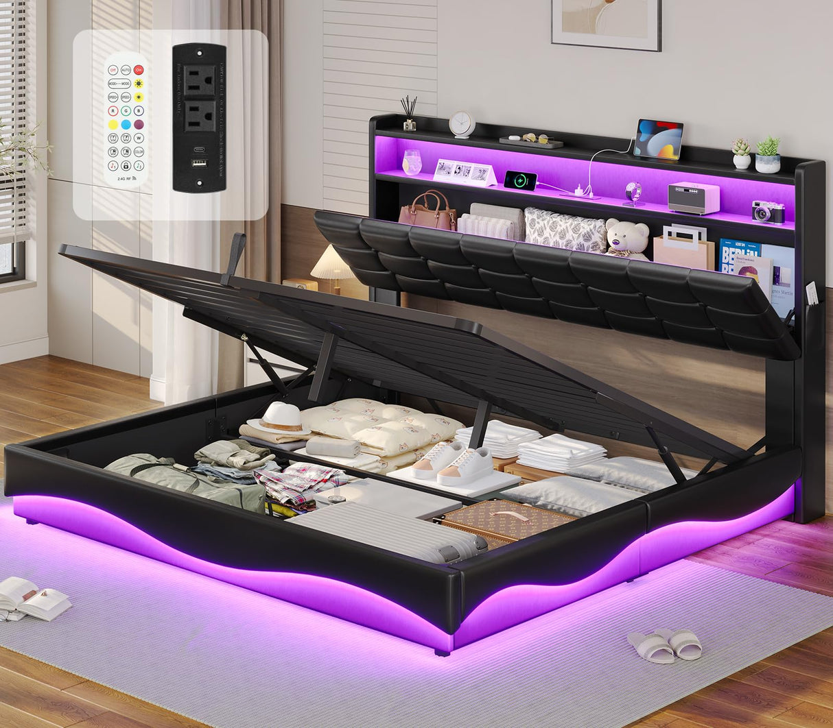 BTHFST Queen Bed Frame with Lift Up Storage, Charging Station & RGB Lights Headboard, PU Leather Upholstered Bed, No Box Spring Needed, Hydraulic Storage, Heavy Duty Wooden Slats, PU Black BTHFST