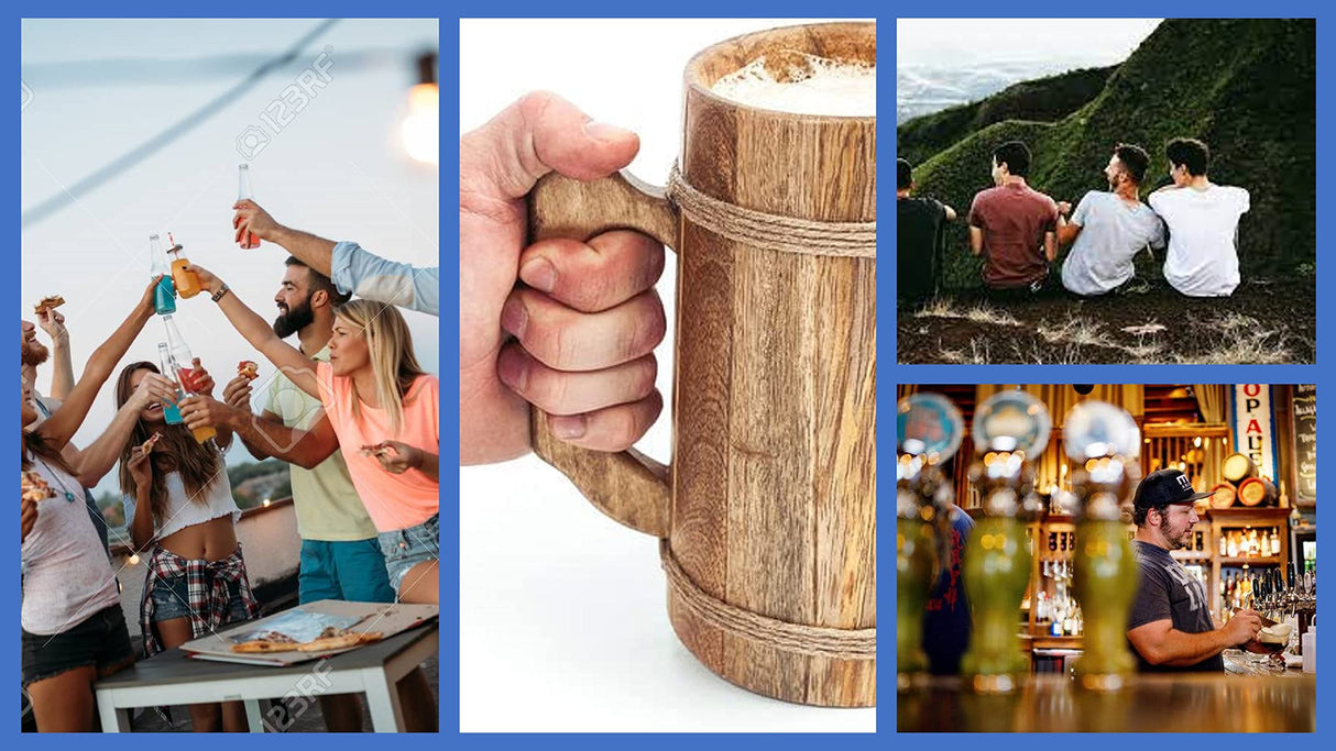 Frescorr Wooden Beer Mugs, 100% Authentic and HANDWADE, Top Grade Natural Handmade Retro Brown Wood mug with Handle for Drinking Tea Coffee Wine Beer Hot, cold Drinks, 17-18oz Frescorr