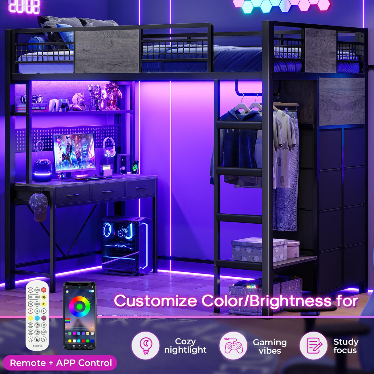 ADORNEVE Loft Bed Twin Size with Desk, 11 Storage Drawers, Metal Kids Loft with RGB Lights, Charging Station, Shelves & Clothing Rack, 13.4" H Safety Guard & Paded Ladder, Black & Grey ADORNEVE