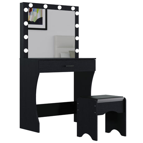 Vanity Desk with Mirror and Lights, Vanity Set Makeup Vanity Table with Adjustable Lights One Drawer Storage Makeup Table with Stool Vanity Desk for Bedroom (Black) Panana