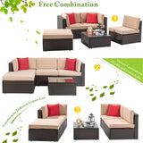 Vongrasig 5 Piece Patio Furniture Sets, All-Weather Brown PE Wicker Outdoor Couch Sectional Set, Small Conversation Set for Garden/Patio w/Ottoman, Glass Table, Red Pillow, Beige Vongrasig