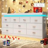Hlivelood 10 Drawer Dresser with LED Light and Charging Station, Modern Chest of Drawers for Closet, Wide Drawer Organizer Cabinet for, Living Room, Entryway, Hallway, White Hlivelood
