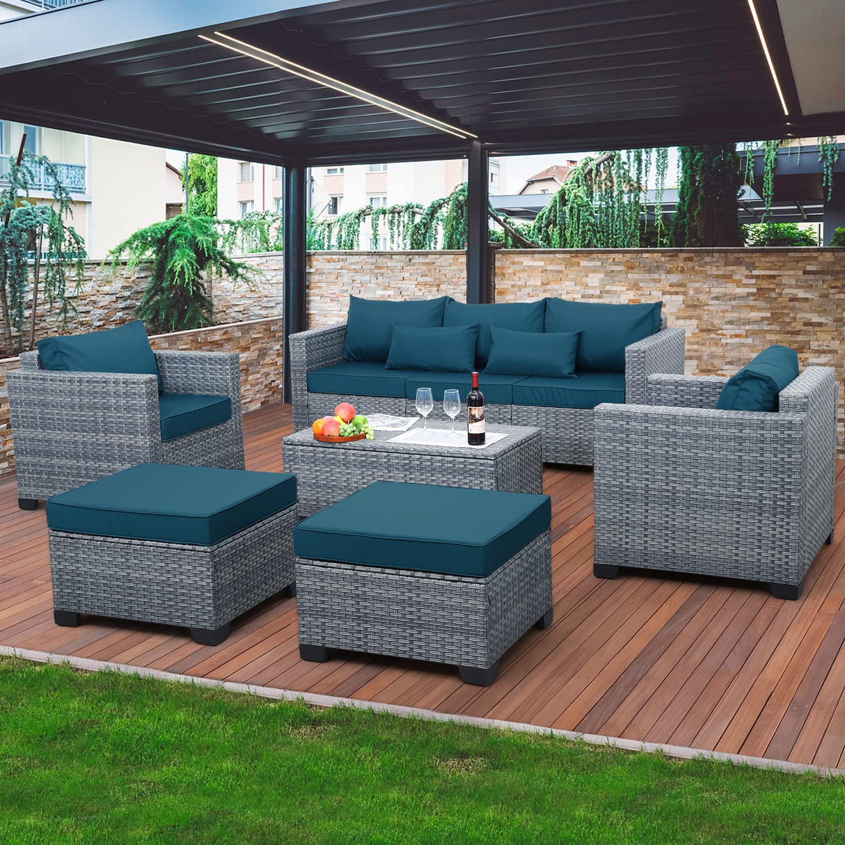 Lviden 6 Pieces Wicker Patio Furniture Sets Outdoor Conversation Set PE Rattan Sectional Sofa Couch with Storage Table and Peacock Blue Cushions Lviden