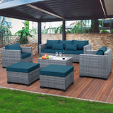 Lviden 6 Pieces Wicker Patio Furniture Sets Outdoor Conversation Set PE Rattan Sectional Sofa Couch with Storage Table and Peacock Blue Cushions Lviden
