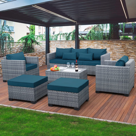 Lviden 6 Pieces Wicker Patio Furniture Sets Outdoor Conversation Set PE Rattan Sectional Sofa Couch with Storage Table and Peacock Blue Cushions Lviden