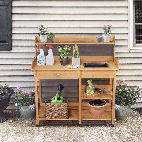 Topeakmart 45.2x17.7x47.6'' (LxWxH) Potting Benches Outdoor Garden Potting Table Work Bench with Removable Sink Drawer Rack Shelves Work Station, Wood Topeakmart