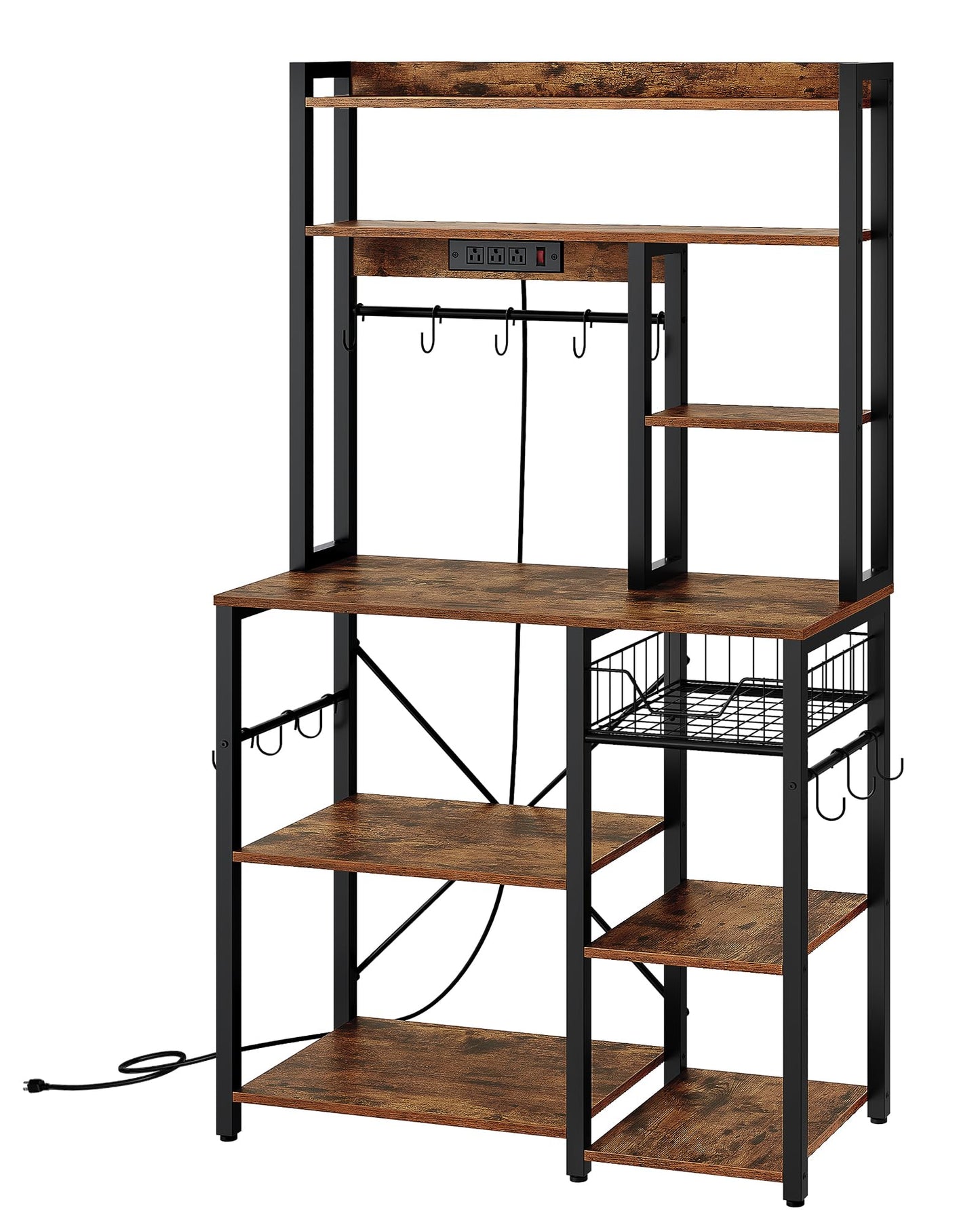 Kitchen Bakers Rack with Power Outlet, Microwave Stand with Multiple Shelves, Floor Standing Bakers Rack, Coffee Bar with Mesh Basket, for Kitchen, Dining Room, Rustic Brown and Black THB01UBF