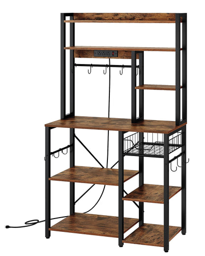 Kitchen Bakers Rack with Power Outlet, Microwave Stand with Multiple Shelves, Floor Standing Bakers Rack, Coffee Bar with Mesh Basket, for Kitchen, Dining Room, Rustic Brown and Black THB01UBF