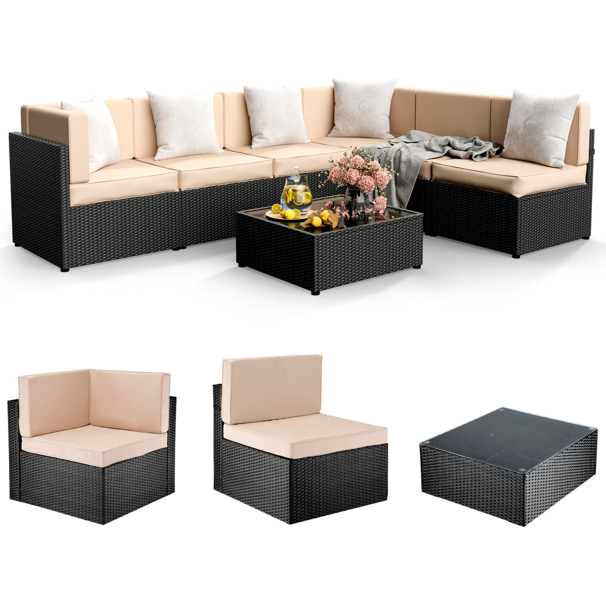 Pamapic 7 Pieces Outdoor Sectional Furniture，Wicker Patio sectional Furniture Sets，All-Weather Rattan Sectional Sofa Conversation Set with Coffee Table and Washable Couch Cushions Covers Pamapic