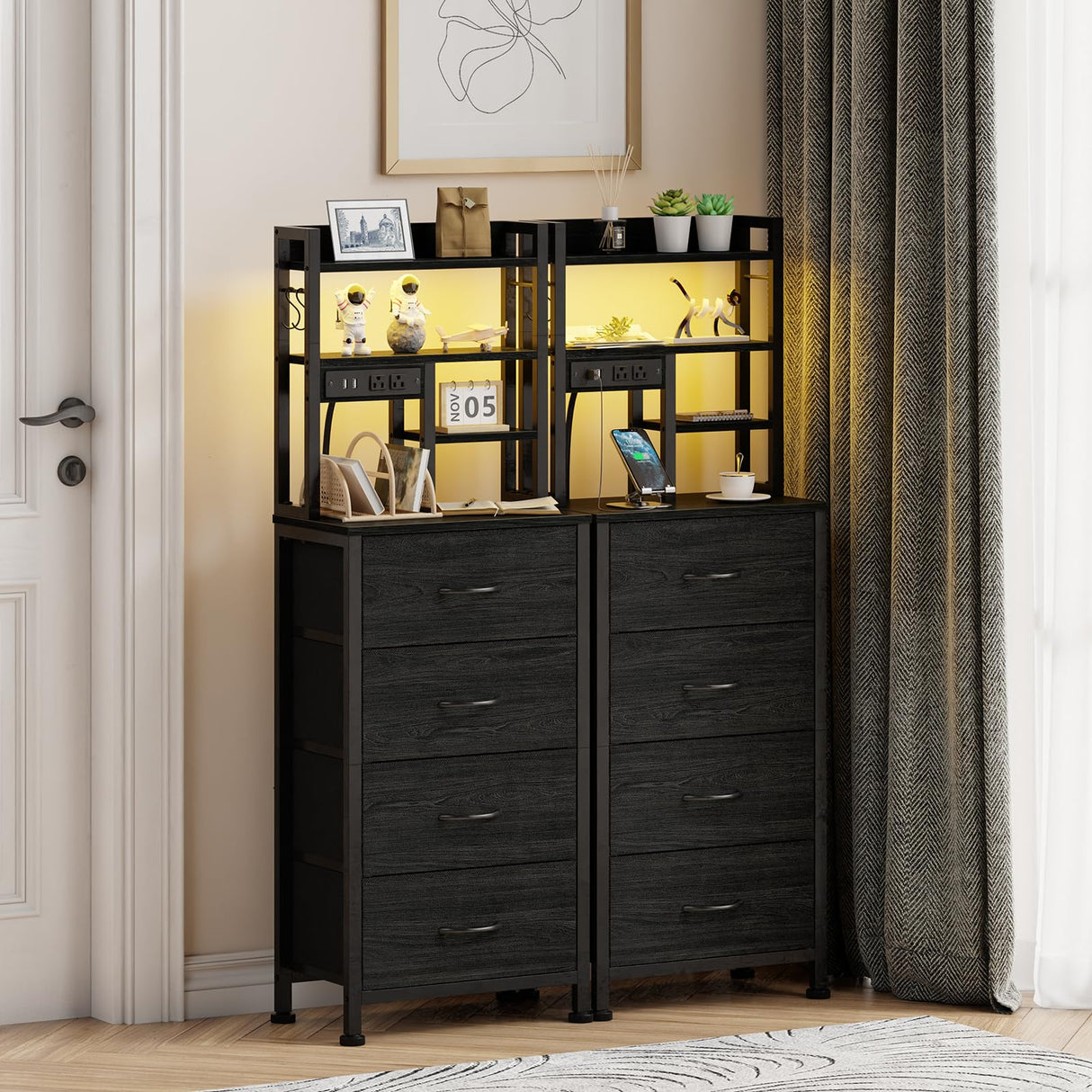 Furnulem Tall Nightstand, LED Night Stand with Charging Station and USB Ports, 4 Fabric Drawers and 4 Tier Storage Shelf, Nightstands Bedside Tables for Bedroom, Dorm, Office (Black Oak) Furnulem